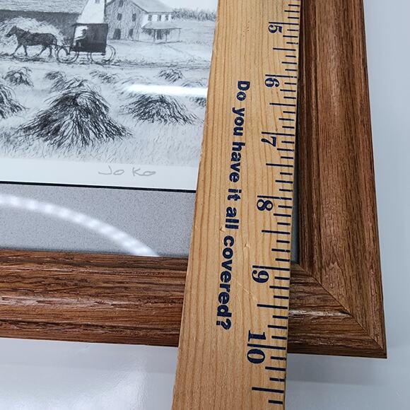 Vintage Amish Country Pencil Drawing Print Signed JO K0 10x12 Barn Horse Buggy - Picture 14 of 14